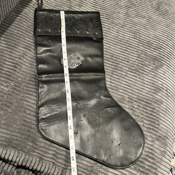 Harley Davidson Christmas Stocking Black Leather Silver Logo Tooled Cuff READ - Picture 6 of 13